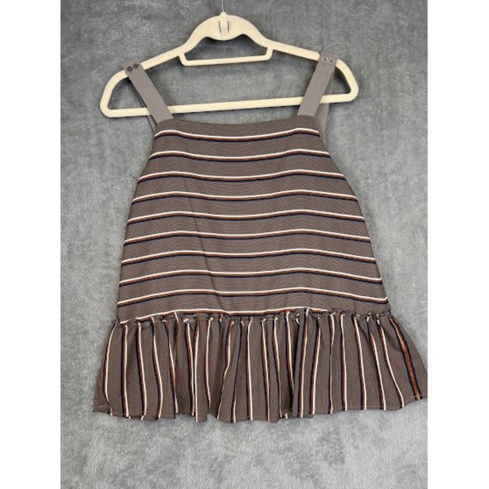 Doe & Rae Brown Striped Peplum Tank Top Square Neck Ruffle Hem Small S8524T